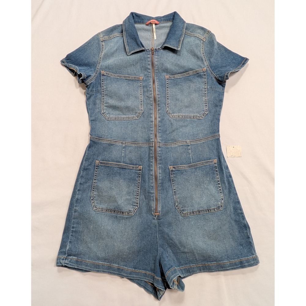 Free People CRVY Lennox Shortsuit Blue Denim Romper Women's 14 - NWT